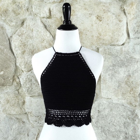 High Neck Crocheted Black Crop Top Scallop Hem S-L - Picture 2 of 2